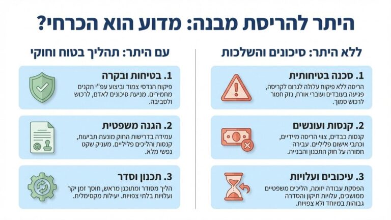 מסמכי היתר הריסה ותוכניות הנדסיות מונחים על שולחן שרטוט